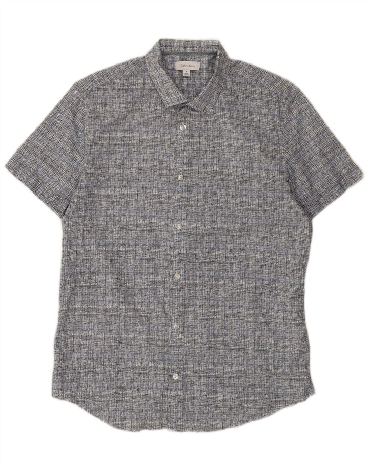 Męska koszula z krótkim rękawem Calvin Klein, bawełniana w średnią niebieską kratkę