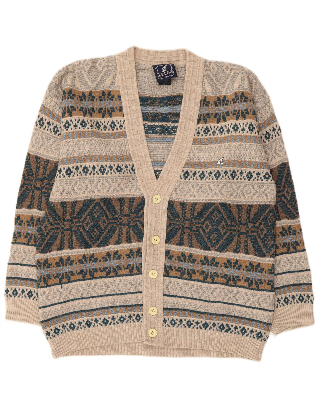 Męski sweter rozpinany North Pole, duży, beżowy, wełna Fair Isle