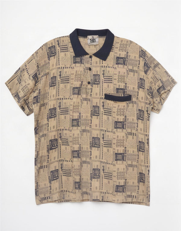 Vintage męska koszula pulowerowa z krótkim rękawem XL, beżowa, patchworkowa wiskoza