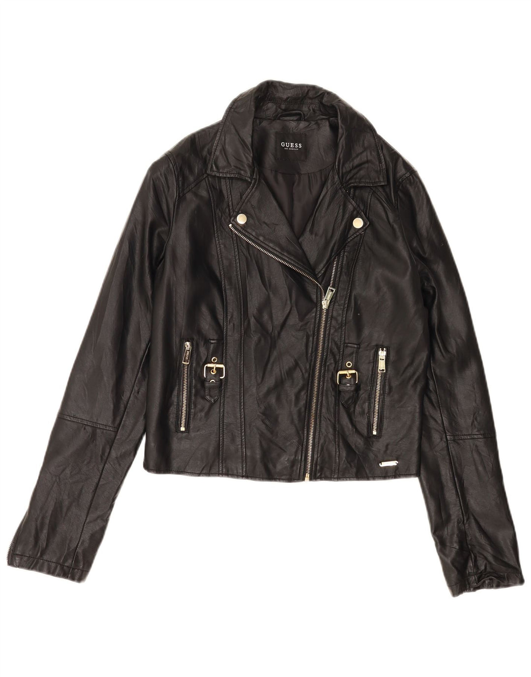 Damska kurtka motocyklowa Guess Crop ze sztucznej skóry UK 12, średnia czarna z poliuretanu