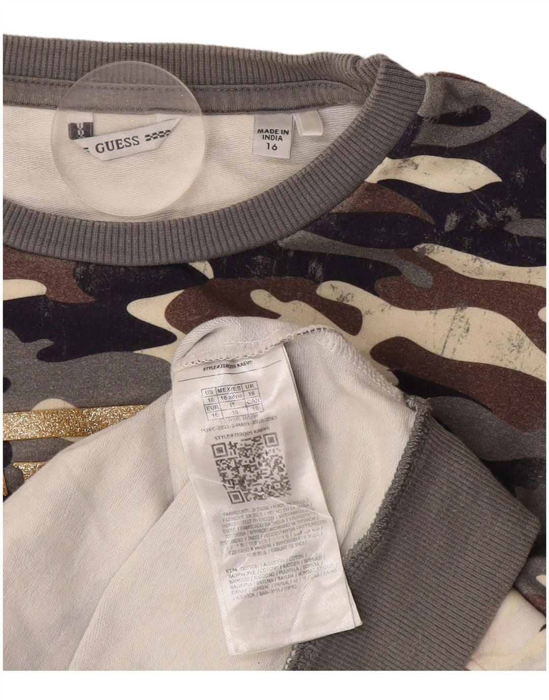 Damska bluza GUESS Crop Graphic Jumper UK 16, duży, szary, kamuflaż