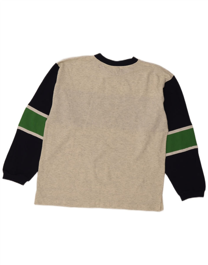 Męski graficzny top w stylu vintage z długim rękawem, duży szary blok kolorów