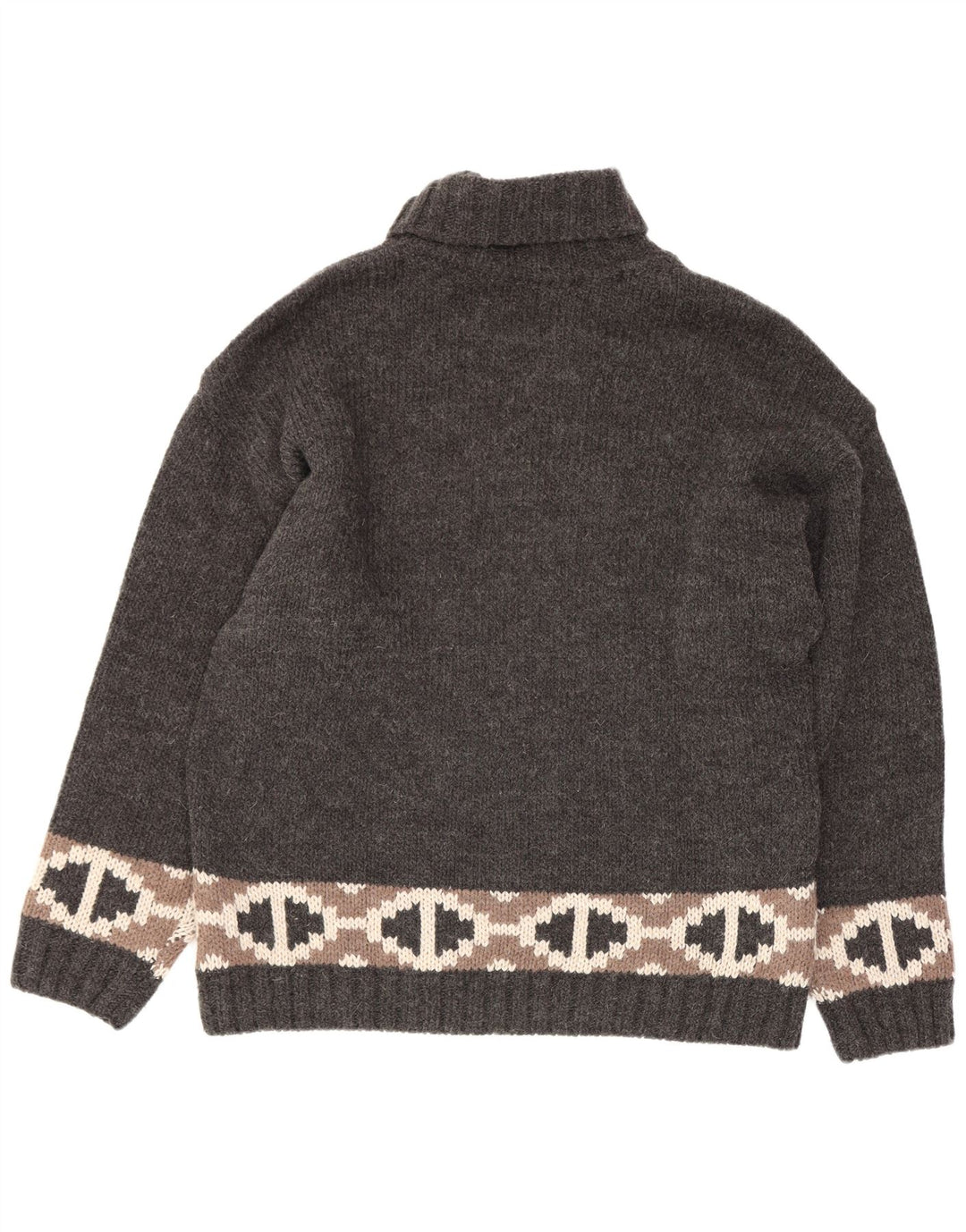 Damski sweter Kaos z wywijanym dekoltem UK 14, duży, szary, geometryczny, wełniany