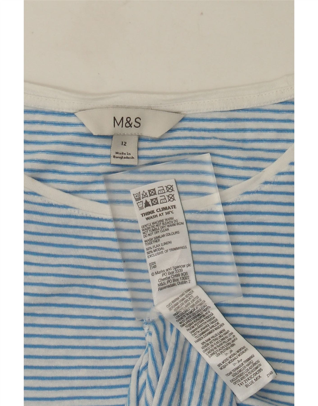 T-shirt damski Marks & Spencer Top UK 12, jasnoniebieski, lniany w paski