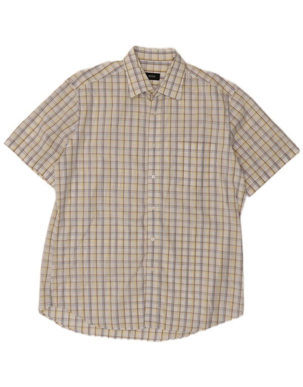 HUGO BOSS Mens Short Sleeve Shirt Size 16 1/2 42 Large White Check Cotton