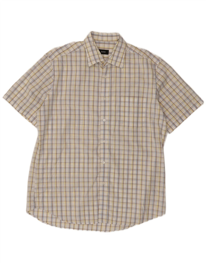 Męska koszula z krótkim rękawem HUGO BOSS, rozmiar 16 1/2 42, duża, biała, bawełniana krata