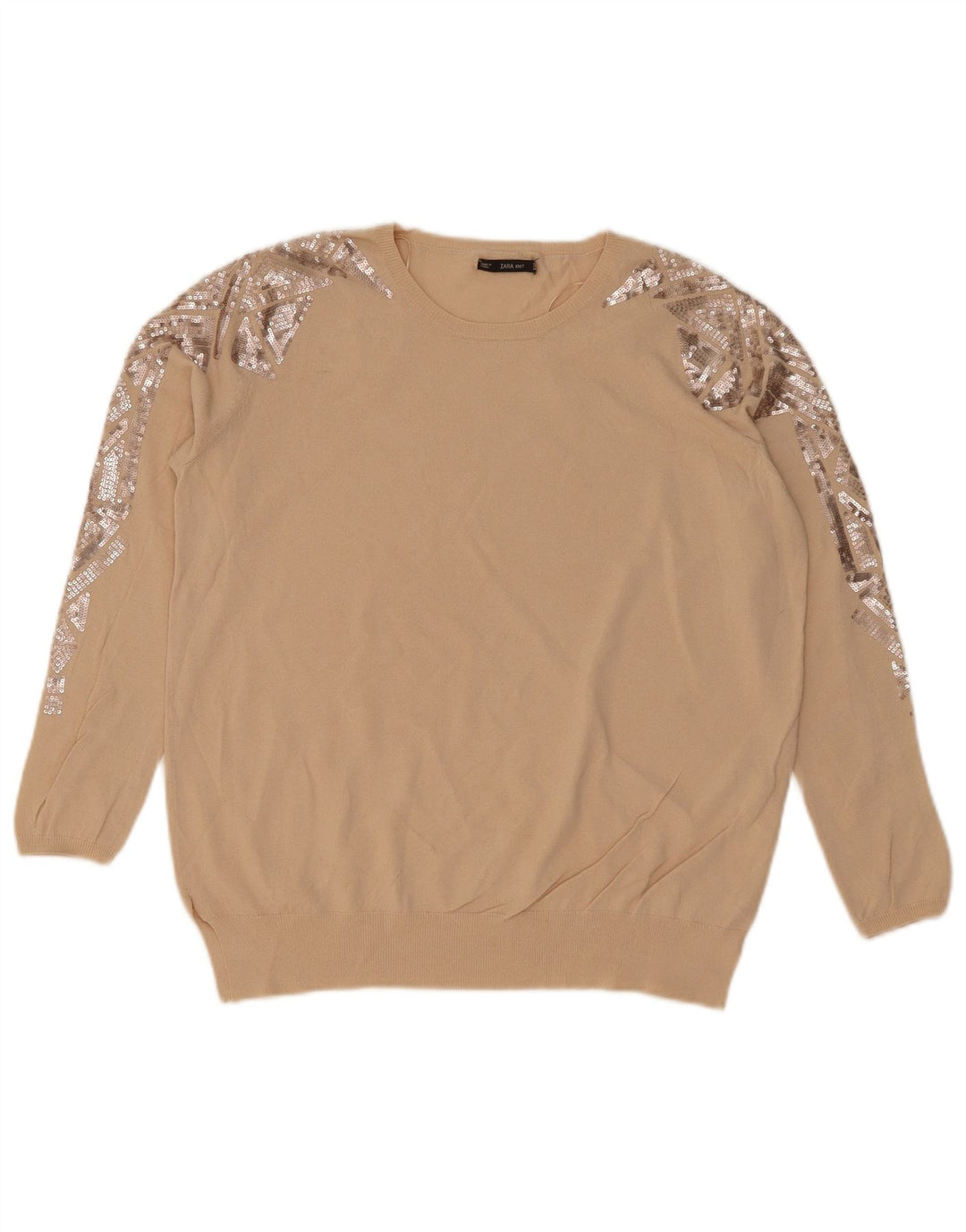 Sweter damski Zara z okrągłym dekoltem UK 14, średni beż, geometryczny