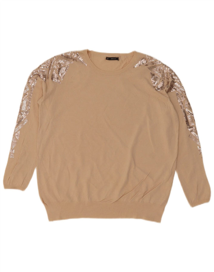 Sweter damski Zara z okrągłym dekoltem UK 14, średni beż, geometryczny