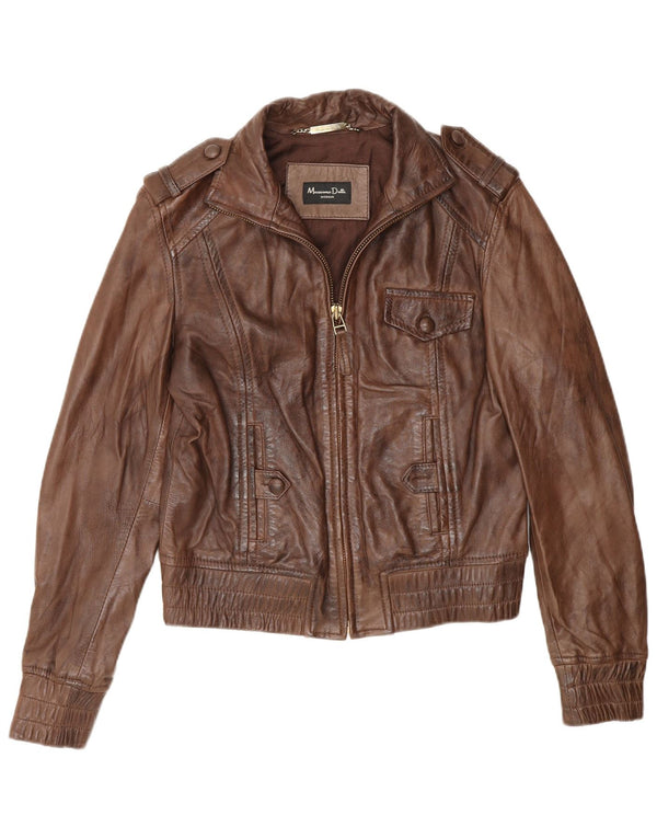 Massimo Dutti Womens Military Leather Jacket UK 14 Medium Brown