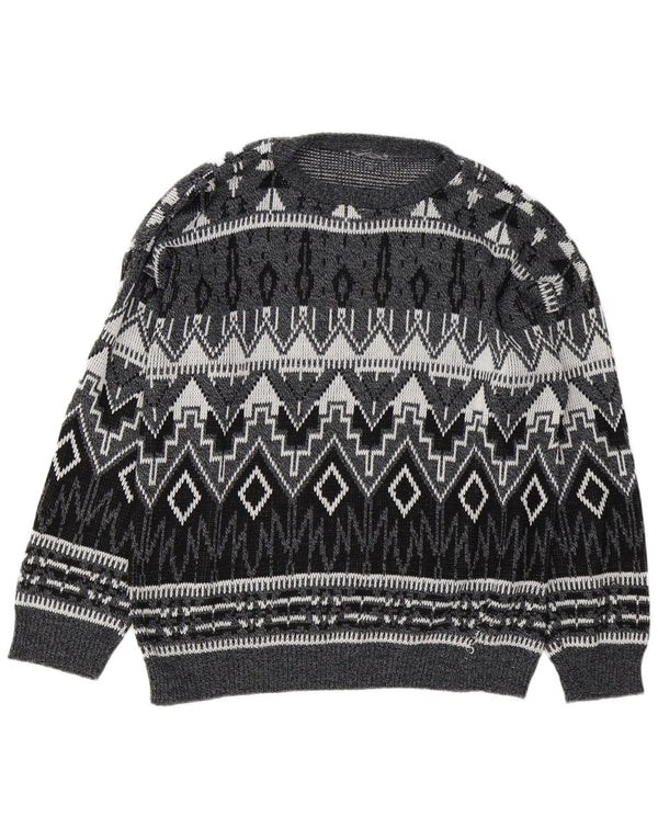 Vintage męski sweter z dekoltem w łódkę, duży, szary, geometryczny