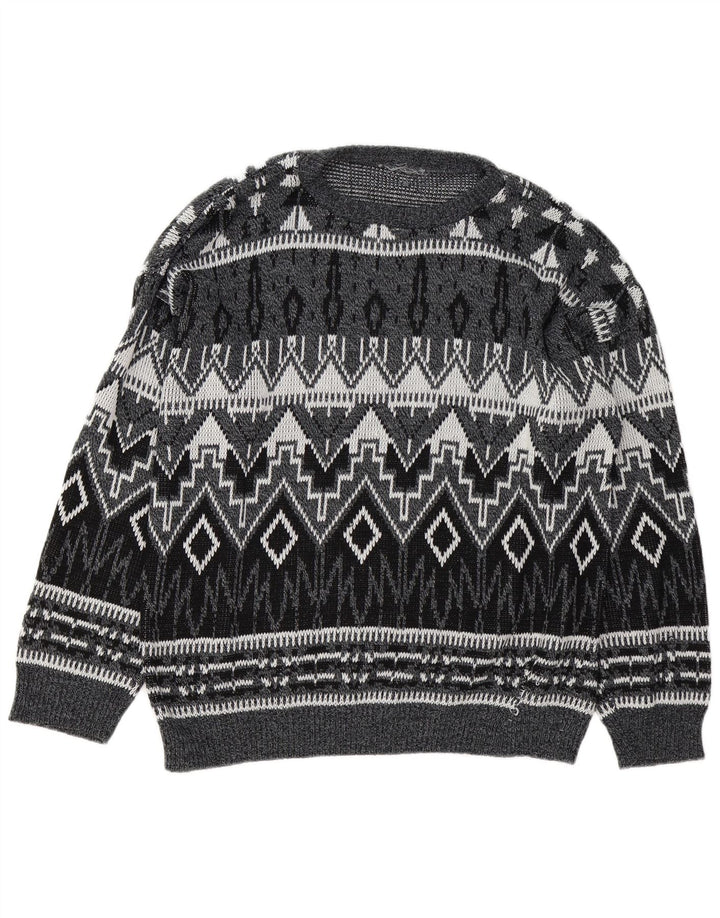 Vintage męski sweter z dekoltem w łódkę, duży, szary, geometryczny