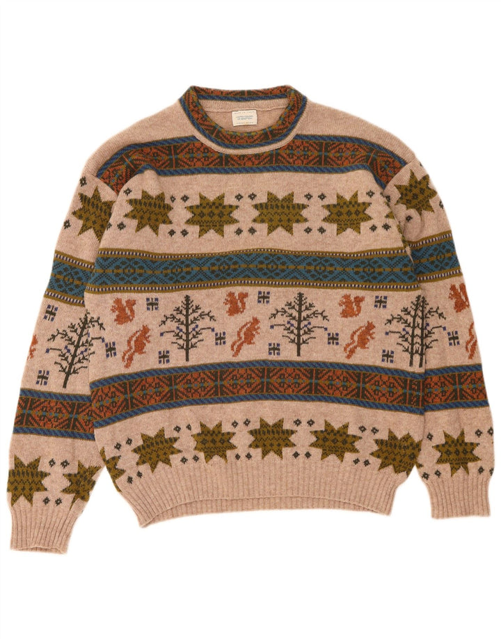 Męski sweter z okrągłym dekoltem Benetton, średni beż, wełna Fair Isle