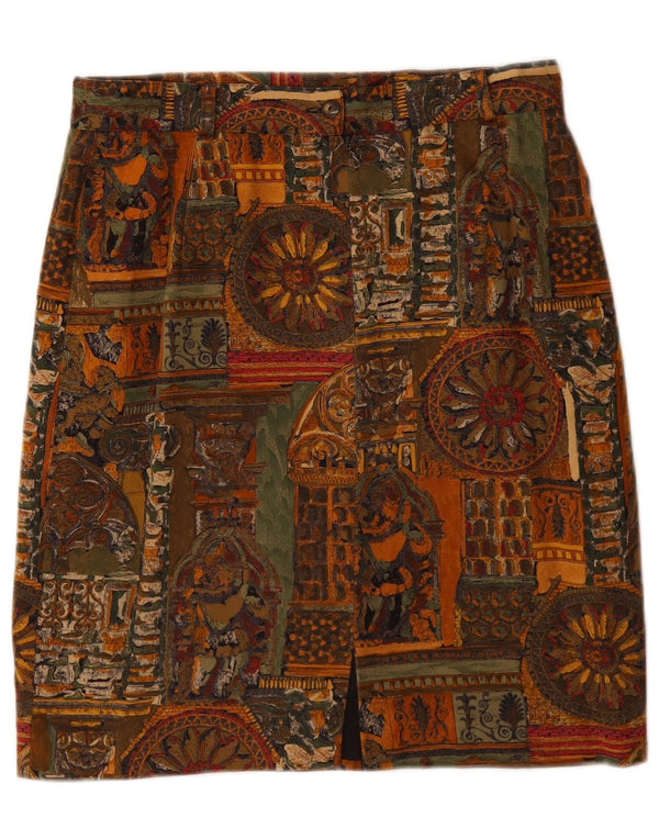 Damska spódnica ołówkowa VINTAGE W28 Średni brąz z geometrycznej bawełny