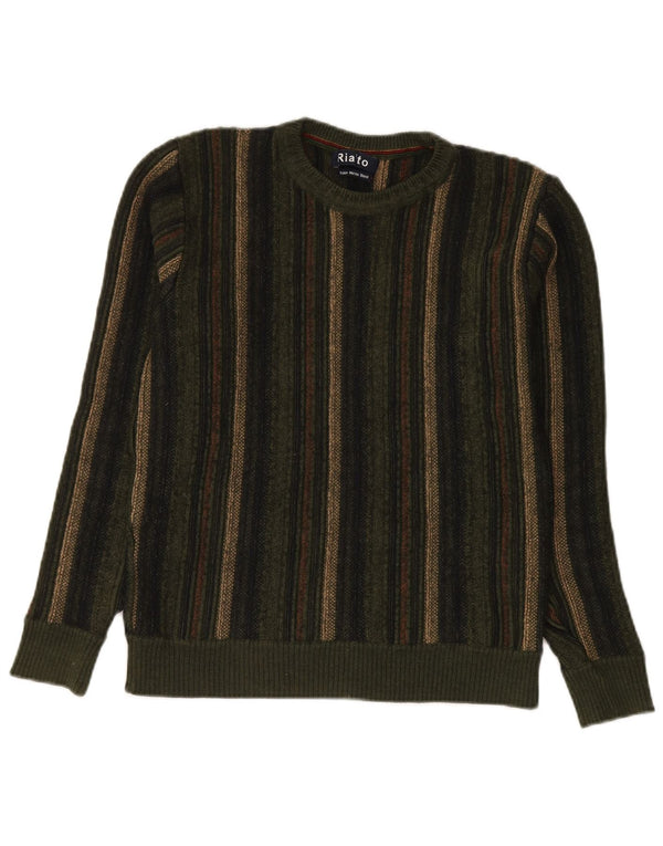 Vintage męski sweter z wycięciem pod szyją, mały, zielony, wełniany merynos w paski