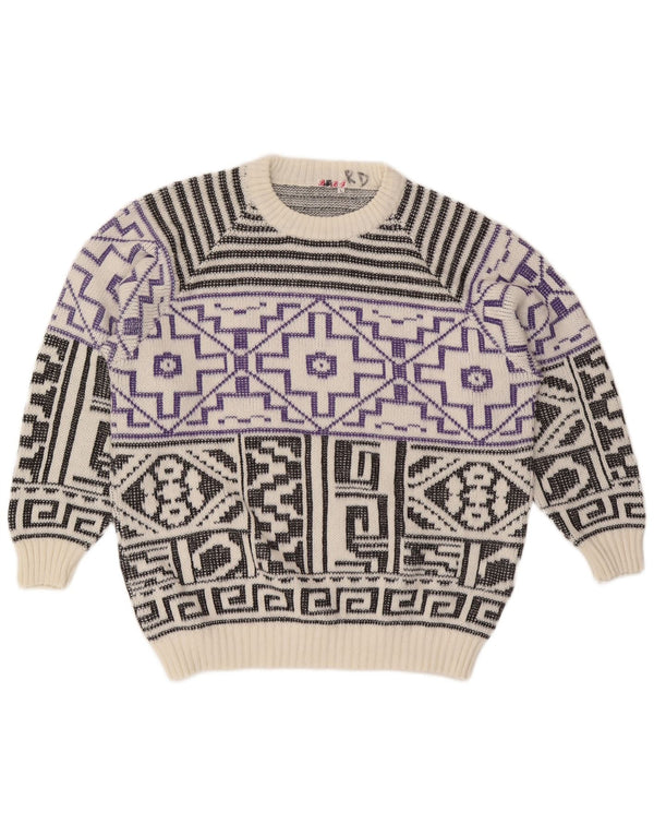 Vintage męski sweter z okrągłym dekoltem, duży, biały, geometryczny wełniany