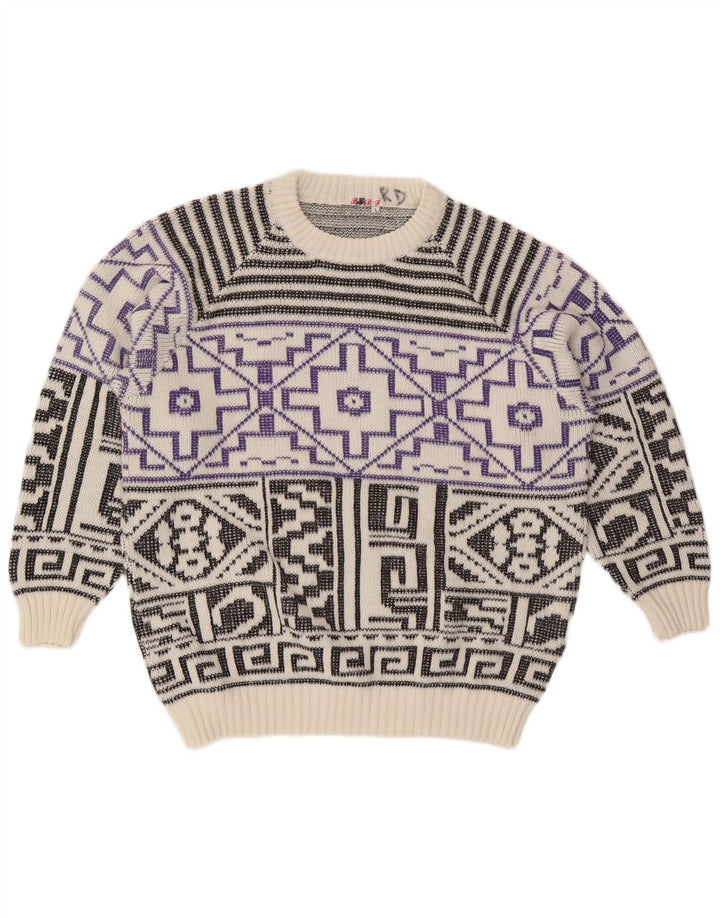 Vintage męski sweter z okrągłym dekoltem, duży, biały, geometryczny wełniany