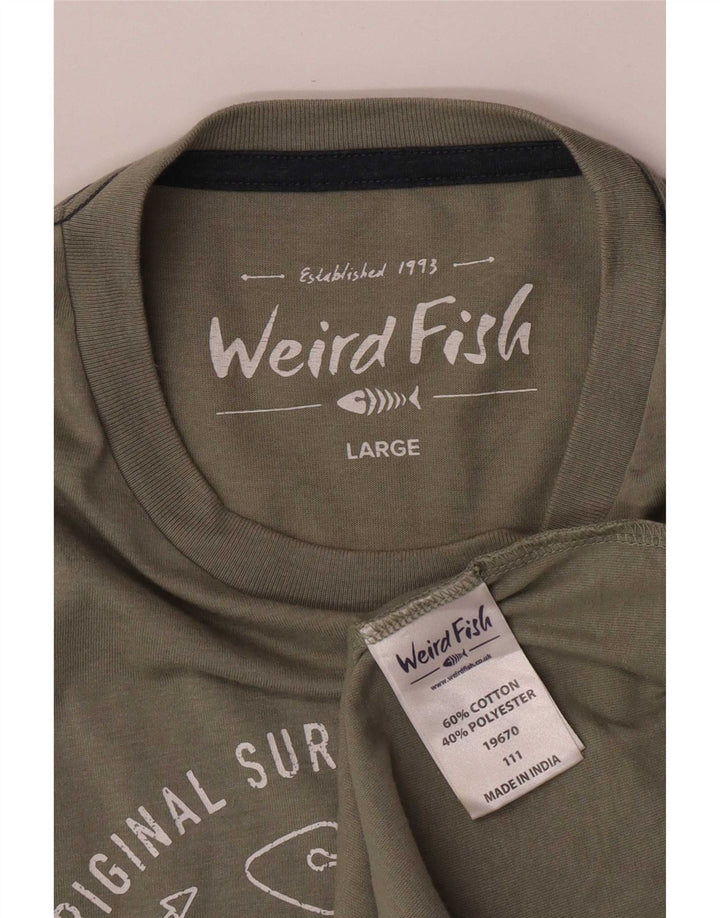 Męski T-shirt z grafiką Weird Fish, duży, bawełniany khaki