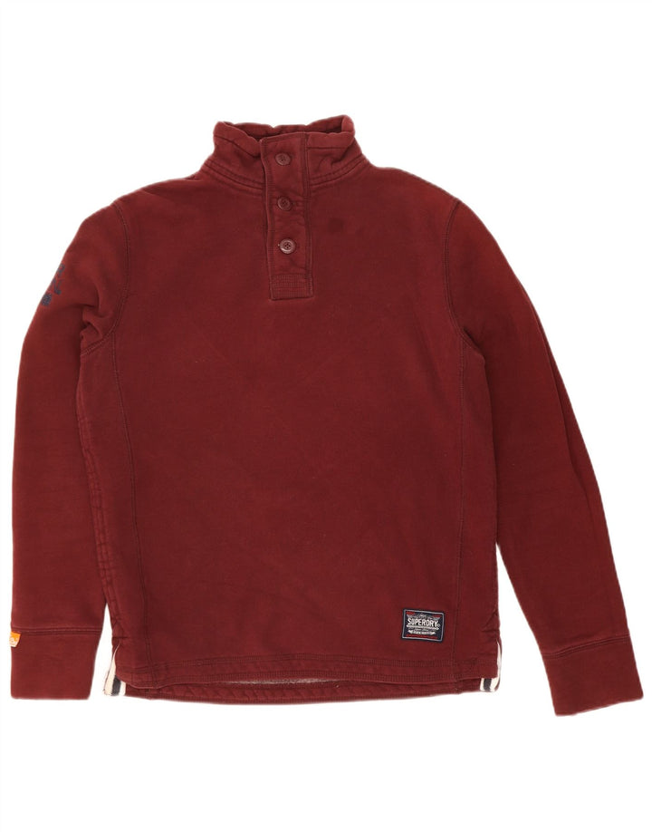 SUPERDRY Mens Button Neck Sweatshirt Jumper Medium Burgundy Cotton