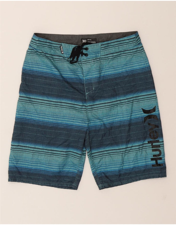 HURLEY Mens Graphic Swimming Shorts Medium  Turquoise Striped Polyester Vintage Hurley and Second-Hand Hurley from Messina Hembry 