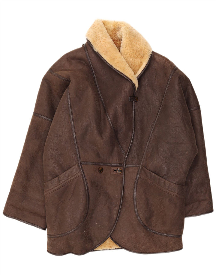 Vintage damski płaszcz oversize z owczej skóry EU 42, duży brązowy shearling