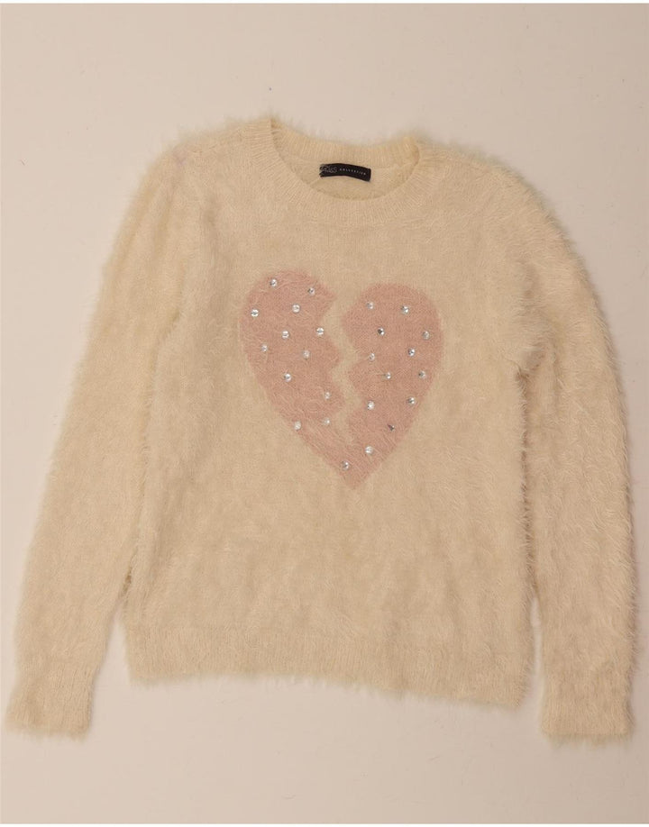 MARKS & SPENCER Womens Graphic Crew Neck Jumper Sweater UK 14 Medium Beige Vintage Marks & Spencer and Second-Hand Marks & Spencer from Messina Hembry 