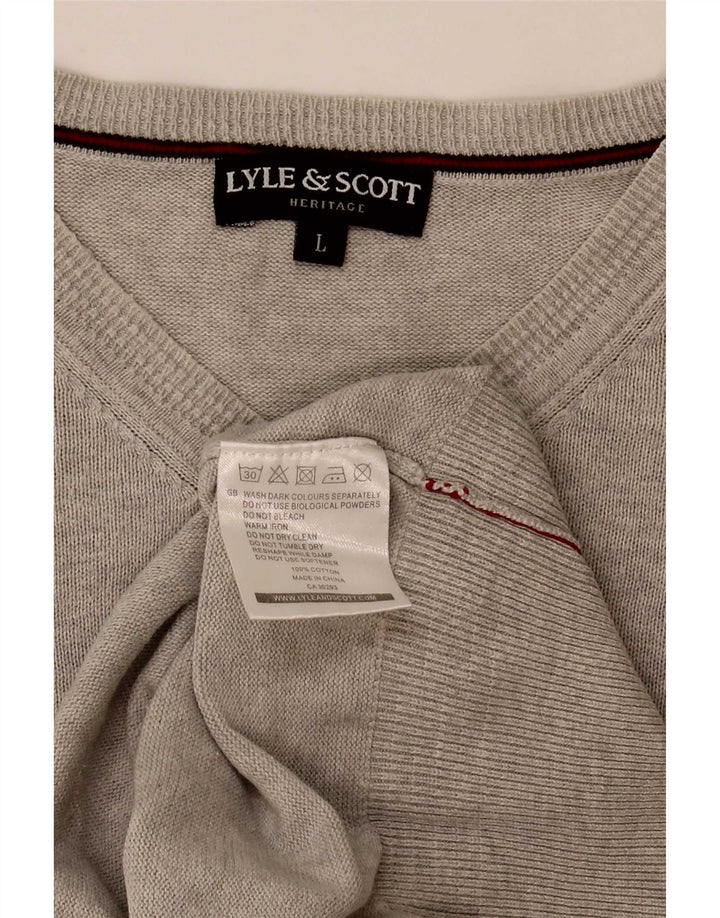 Męski sweter Lyle & Scott Heritage z dekoltem w kształcie litery V, duży, szary, bawełniany