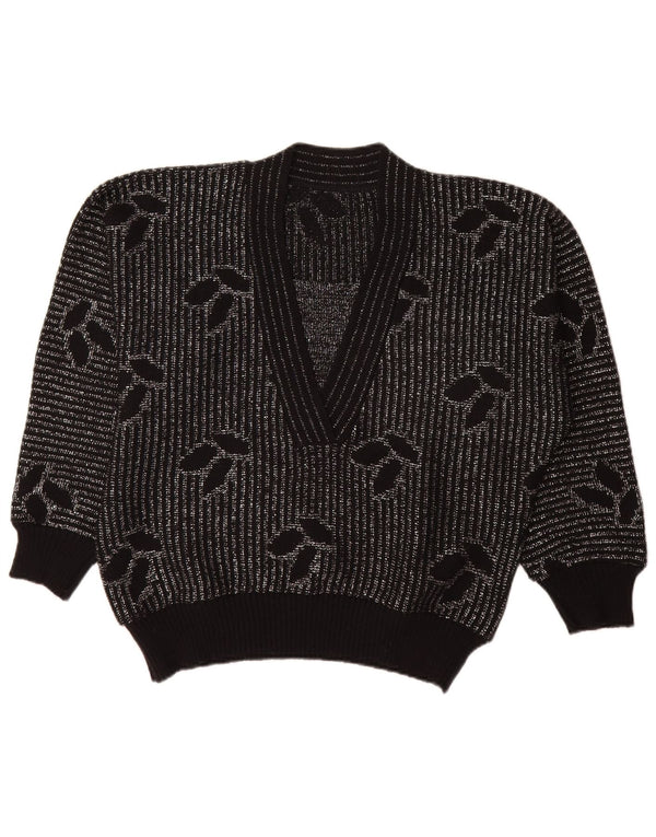 Vintage Womens V-Neck Jumper Sweater EU 44 XL Black Striped Acrylic