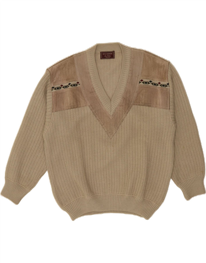 MALAGRIDA Mens V-Neck Jumper Sweater XL Beige Colourblock Wool Vintage Malagrida and Second-Hand Malagrida from Messina Hembry 
