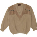 MALAGRIDA Mens V-Neck Jumper Sweater XL Beige Colourblock Wool Vintage Malagrida and Second-Hand Malagrida from Messina Hembry 