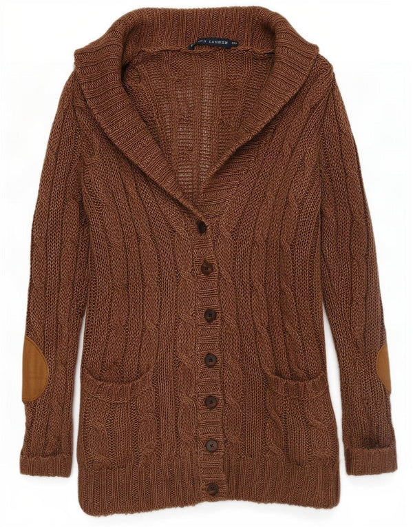 Damski sweter rozpinany Ralph Lauren o długim kroju, UK 6 XS, brązowy, lniany