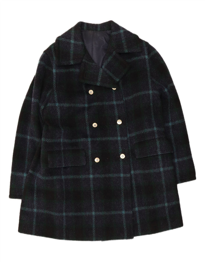 VINTAGE Womens Double Breasted Coat UK 16 Large Navy Blue Plaid