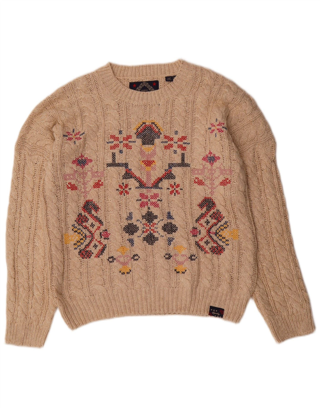 Damski sweter z okrągłym dekoltem SUPERDRY UK 12 Medium Beige Fair Isle