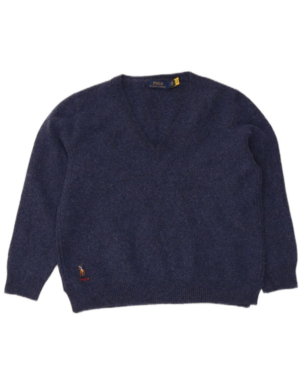 Sweter damski Polo Ralph Lauren z dekoltem w kształcie litery V, UK 14, duży, granatowy, wełniany
