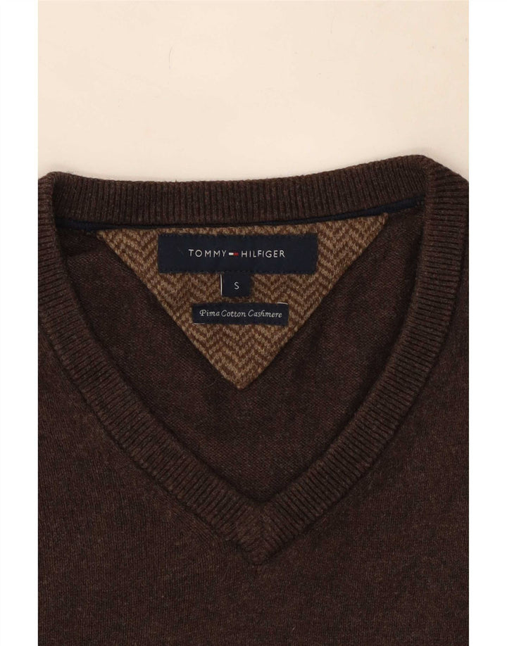 Męski sweter Tommy Hilfiger z dekoltem w kształcie litery V, mały, brązowy, bawełniany