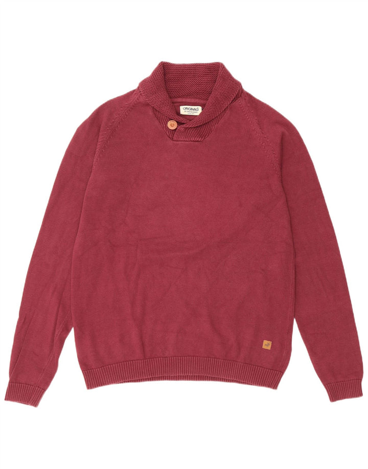 Męski sweter JACK & JONES z szalowym dekoltem, średnia, bordowa bawełna