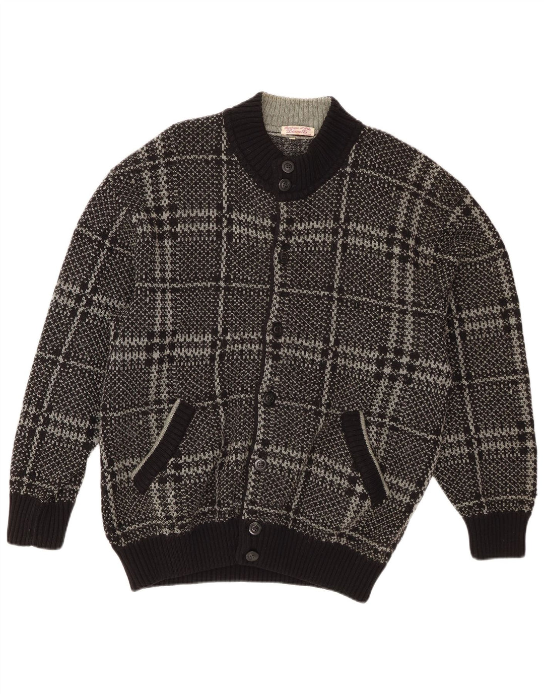 Vintage męski sweter kardigan IT 52, duża czarna wełna w kratkę