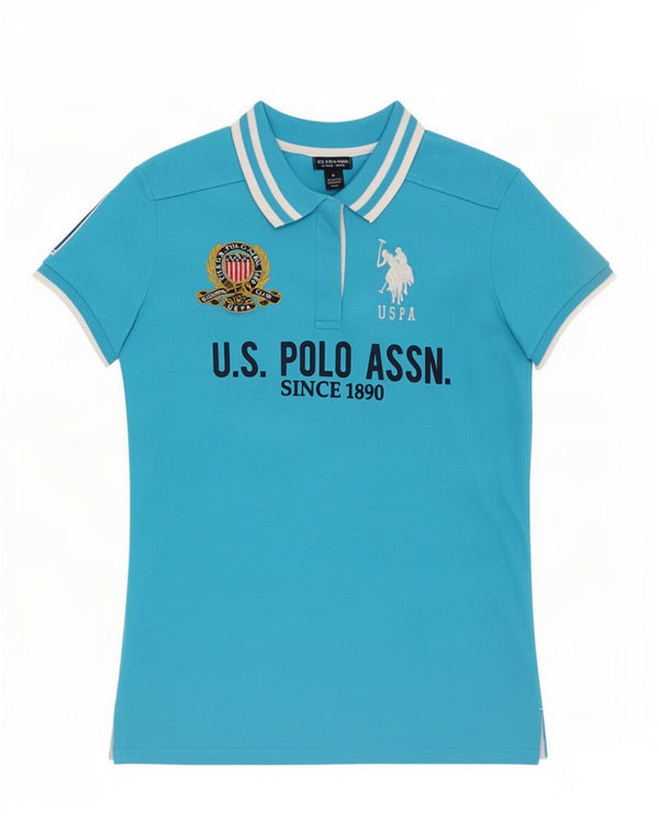 US Polo Assn. Damska koszula graficzna UK 14, duża, niebieska, bawełniana