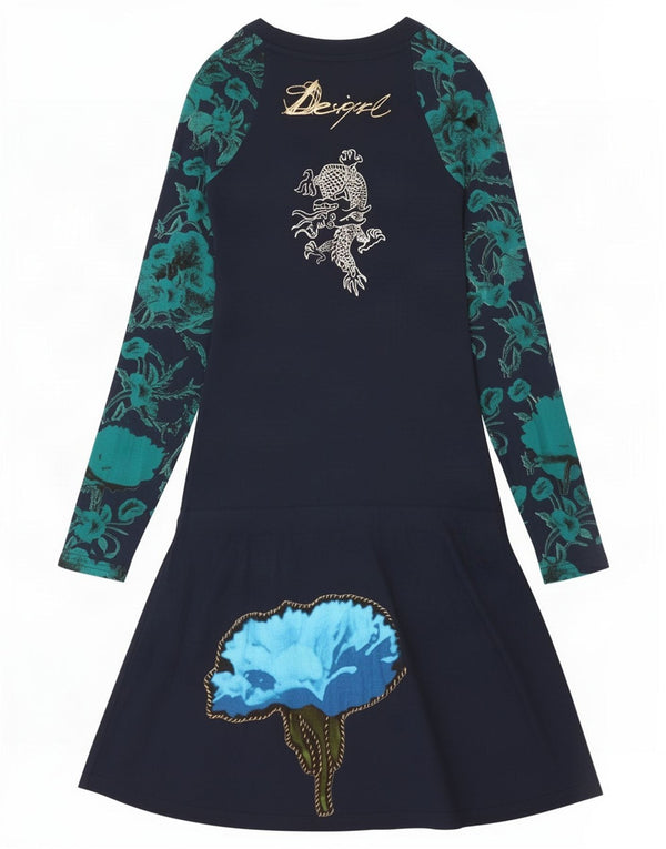 Desigual damska graficzna sukienka o linii A z długim rękawem UK 4 XS granatowa w kwiaty