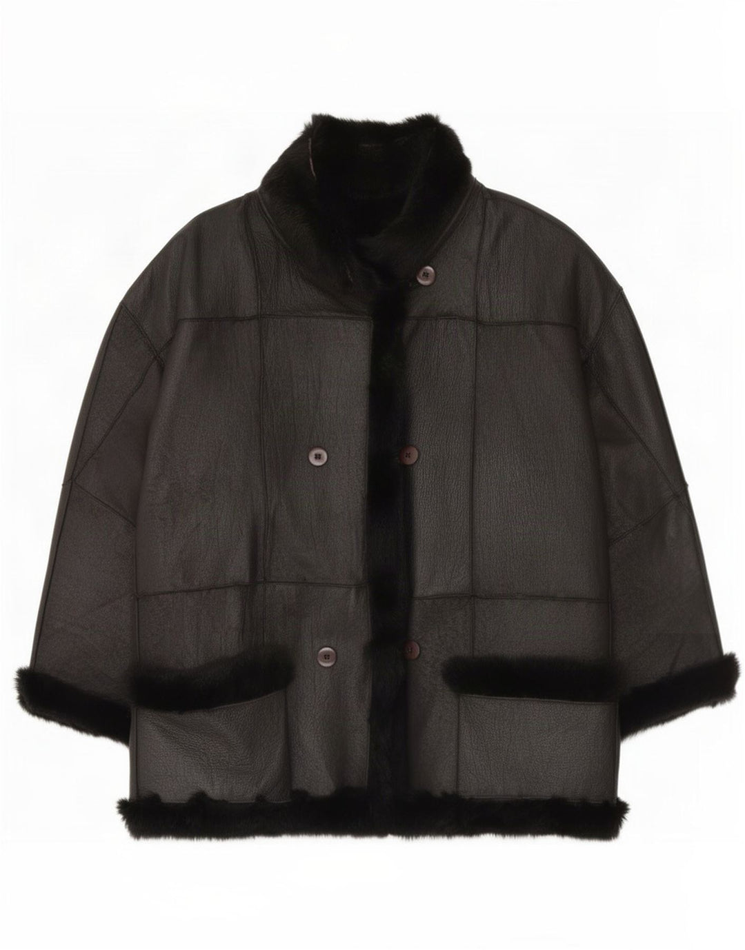 Vintage damska kurtka shearling z rękawem 3/4 UK 16, duża czarna