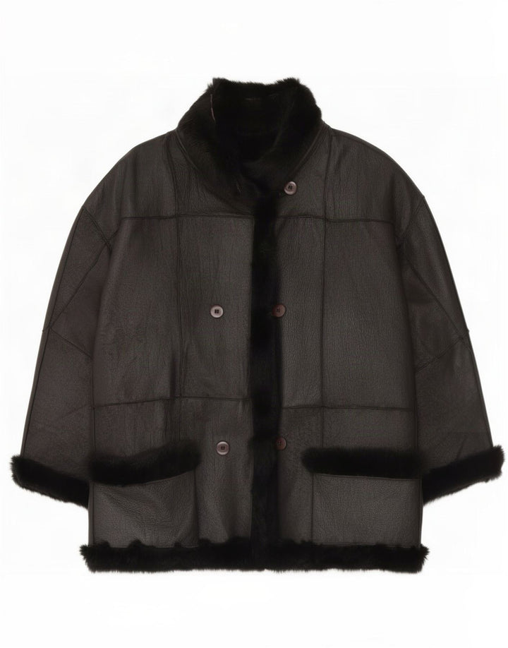 Vintage damska kurtka shearling z rękawem 3/4 UK 16, duża czarna