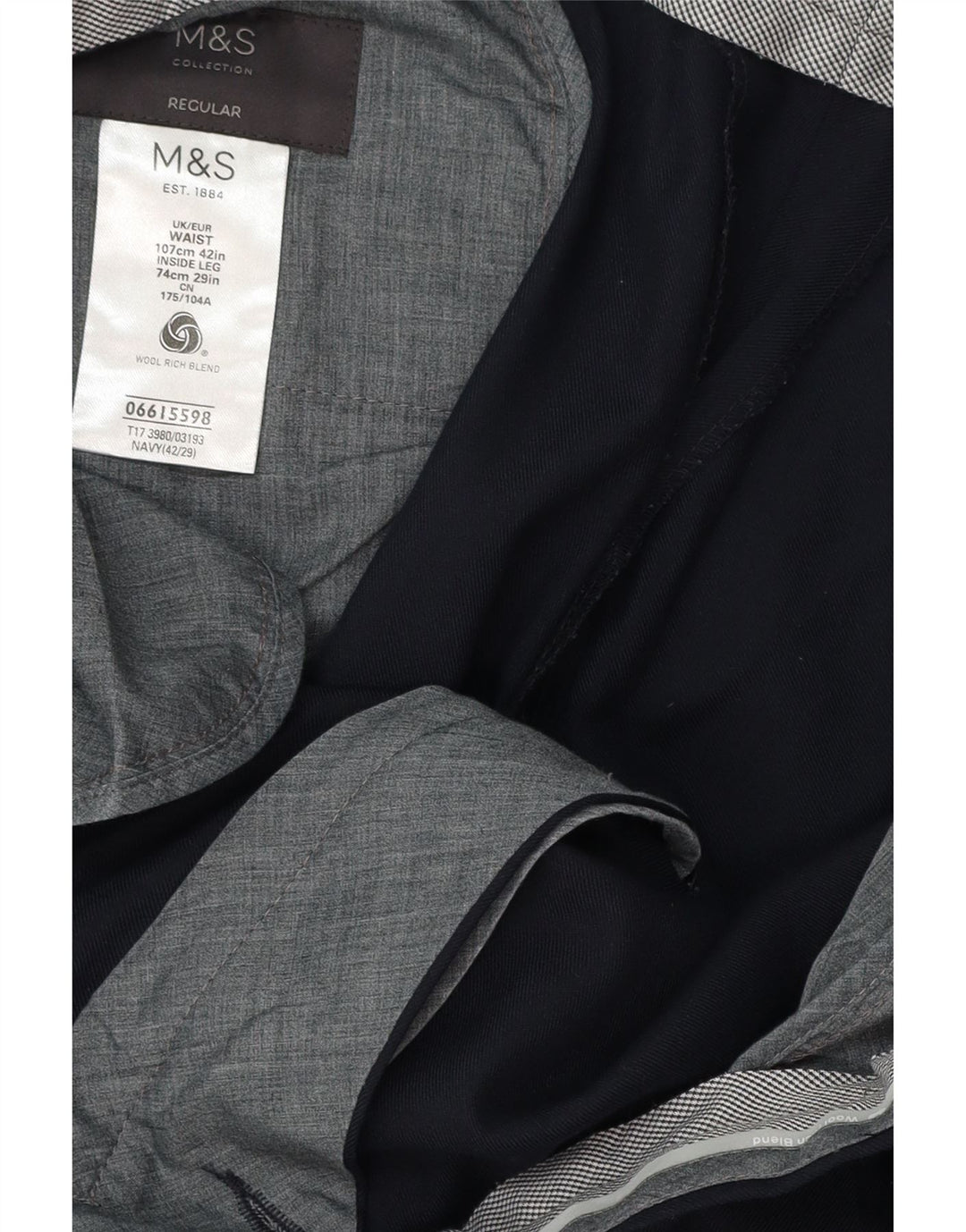 MARKS & SPENCER Męskie spodnie garniturowe o regularnym kroju W42 L29 Granatowa wełna