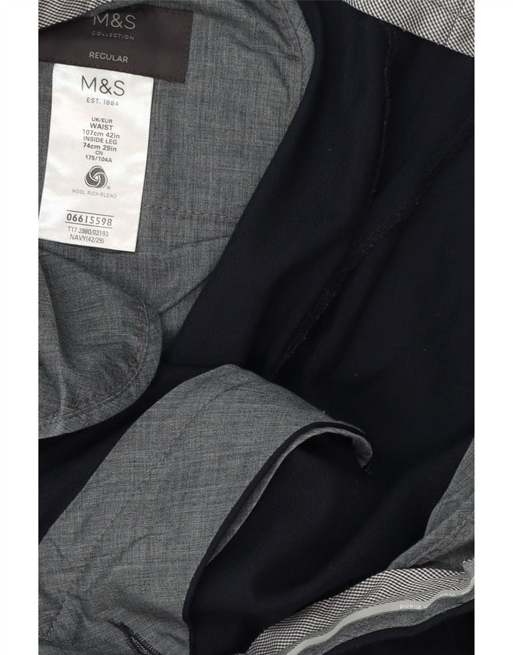 MARKS & SPENCER Męskie spodnie garniturowe o regularnym kroju W42 L29 Granatowa wełna