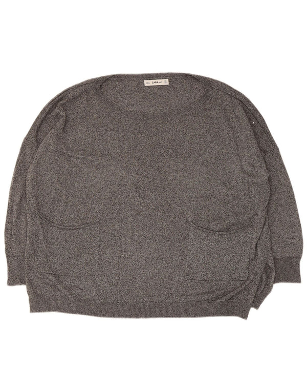 Damski sweter oversize z dekoltem w łódkę Zara UK 16, duży, szary, nakrapiany