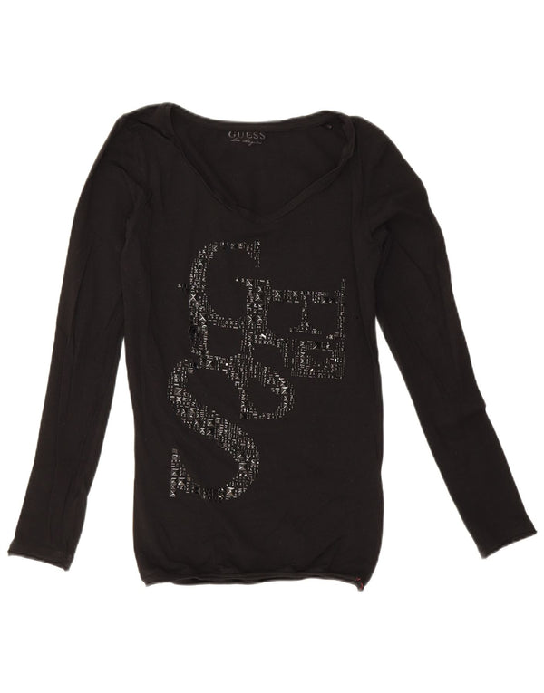 Guess Damski top graficzny z długim rękawem, UK 10, mały, czarny, bawełniany