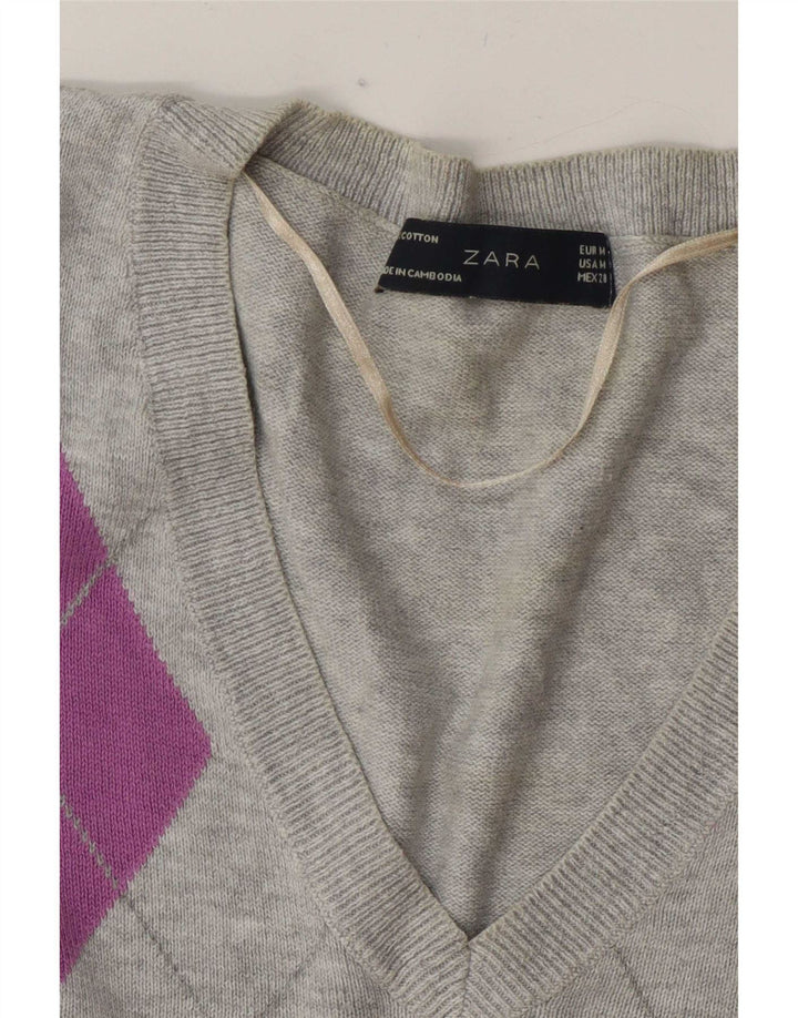 Damski sweter Zara z dekoltem w kształcie litery V UK 12 Średni szary Argyle/Diament