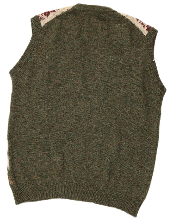 Męski sweter rozpinany bez rękawów GREEN LEAVES XL Zielona wełna Fair Isle