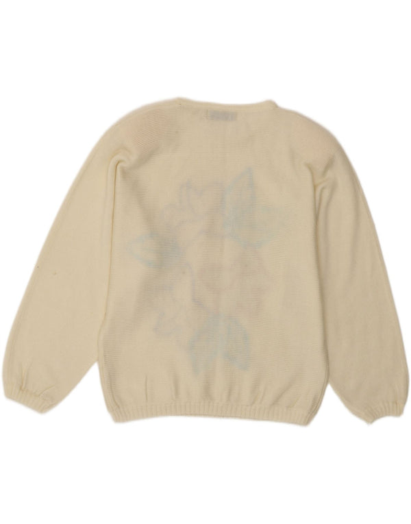 Sweter damski w stylu vintage z wycięciem pod szyją, jeden rozmiar w kolorze złamanej bieli, z kwiatowym akrylem