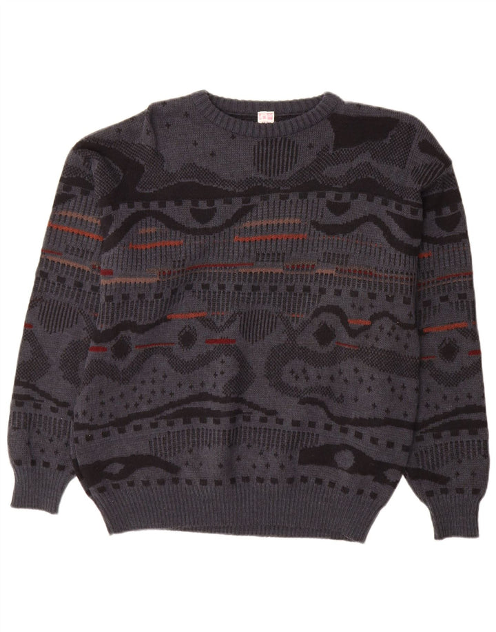 Męski sweter z okrągłym dekoltem w stylu vintage IT 48 Średni szary geometryczny