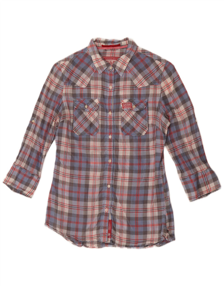 Damska koszula z rękawem 3/4 Superdry, UK 14, bawełniana w średnią niebieską kratkę