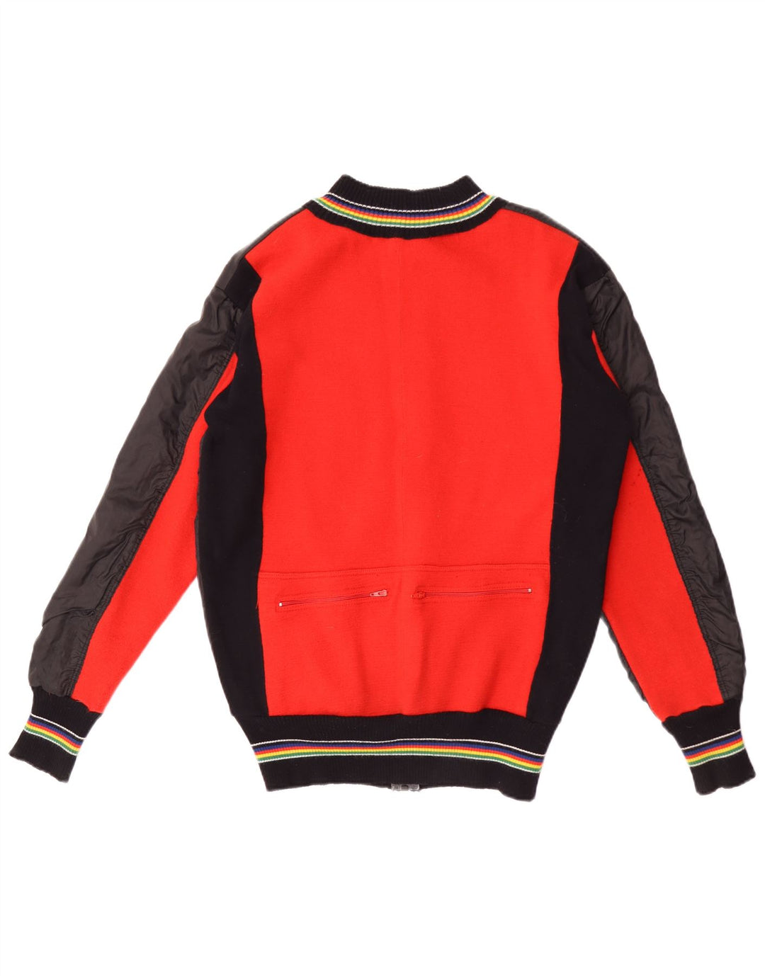 Damska kurtka bomberka w stylu vintage UK 14, duża, czarna, wełniana z blokami kolorów